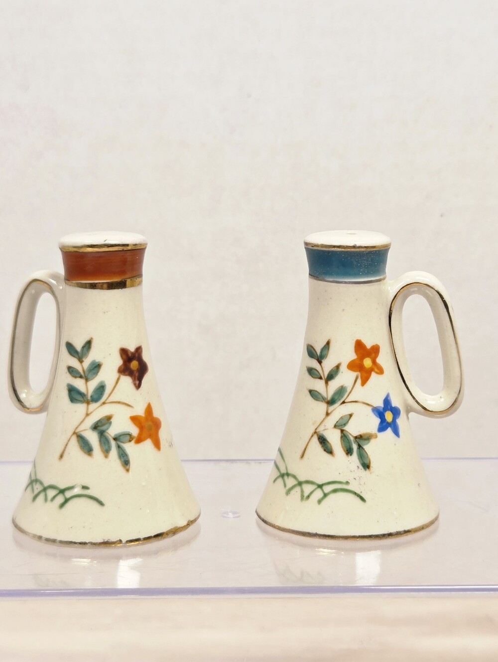 VTG Ceramic Salt Pepper Shakers Japan Handles Floral Gold Trim